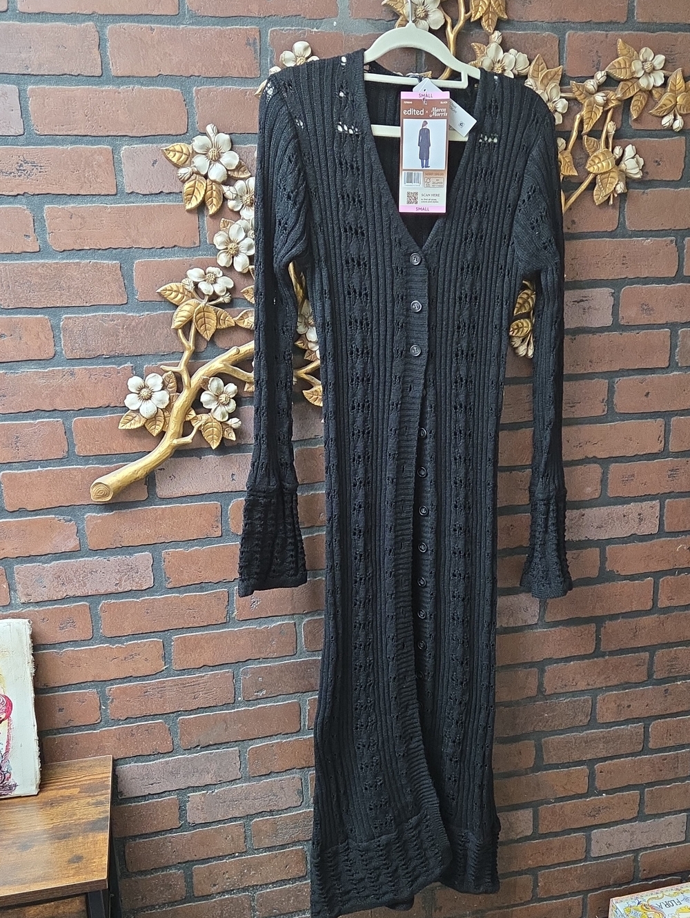 NWT Edited x Maren Morris Pointelle Duster Cardigan Black Size Small Longline